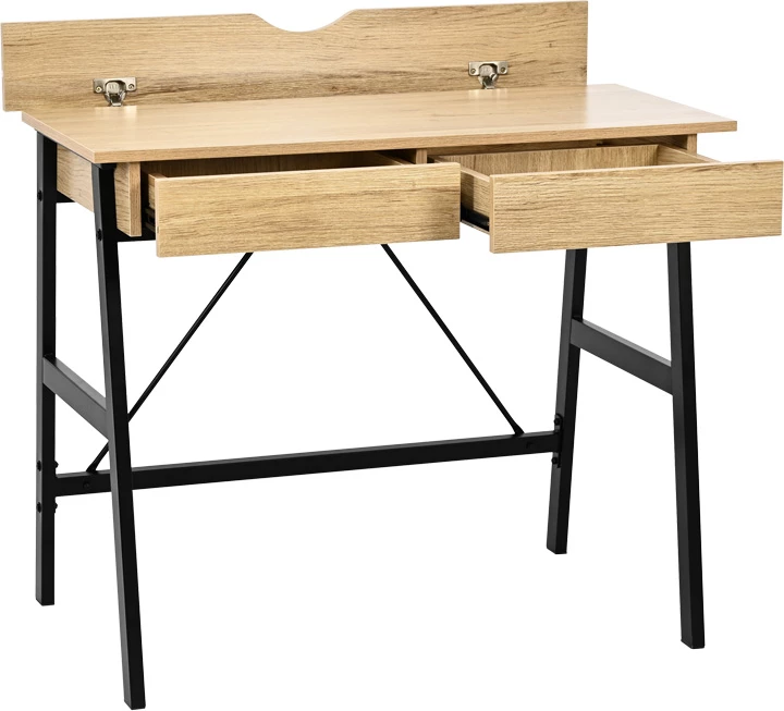 Tavolinë pune me sirtarë, ngjyrë lisi, këmbë metalike të zeza, Lione, 90x50x75cm