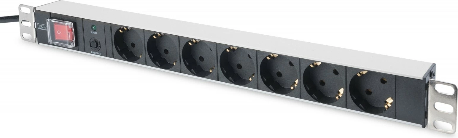 Prizë rack Digitus DN-95403, 7x Schuko, 1U, 2m, me mbrojtje nga mbingarkesa, e zezë/argjend
