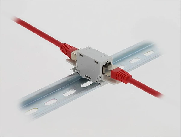 Kuplung RJ45 DeLOCK Cat.6A, femër-femër, montim në shinë DIN, PoE, gri