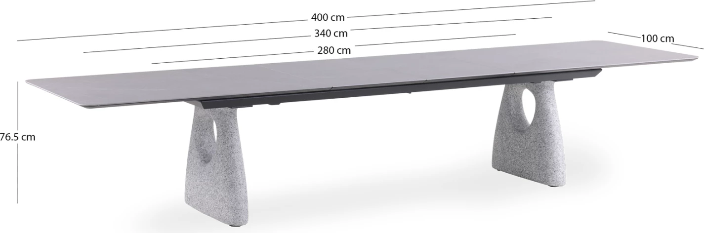 Tavolinë e madhe ngrënieje për jashtë, e zgjatshme, ngjyrë gri e errët, alumin & sipërfaqe prej guri të sinterizuar, 280-400x100x76.5cm