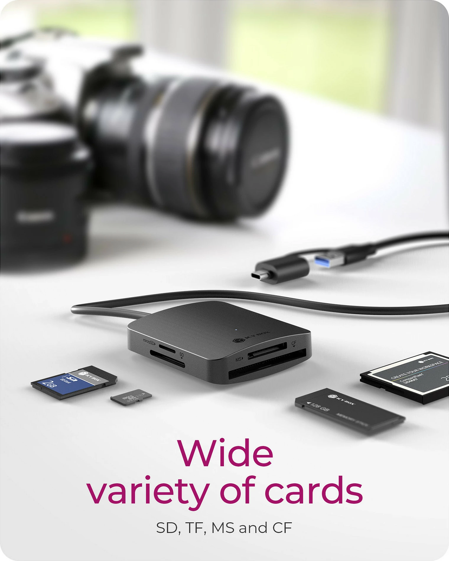 Lexues kartelash ICY BOX IB-CR302-CU3, USB 3.2 Gen 1, 4 slote, CF/SD/microSD/MS, alumin, i zi