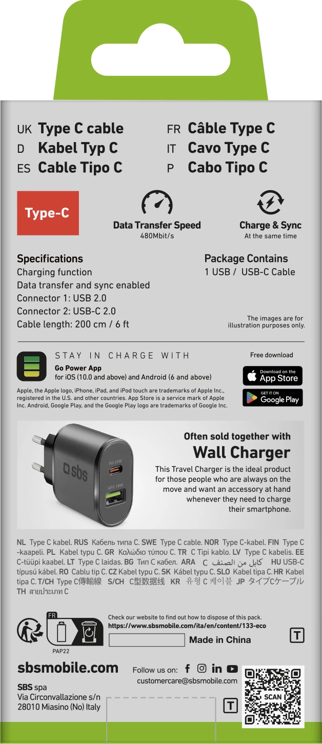 Kabllo USB-A në USB-C SBS TECABLETC220K, 2m, e zezë