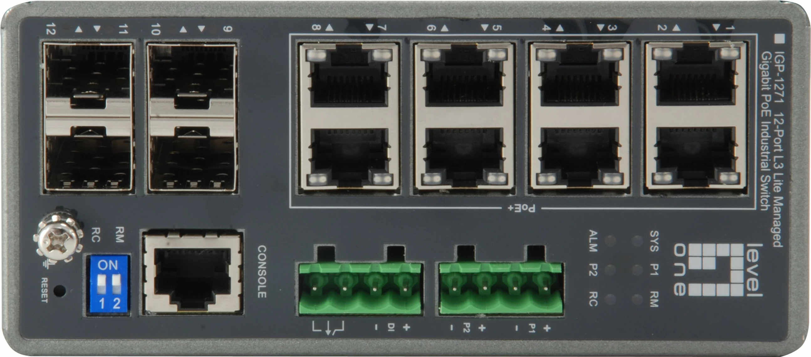 Switch LevelOne TURING 12-Port L3 Lite Managed Gigabit Industrial, 8 PoE Outputs, 240W