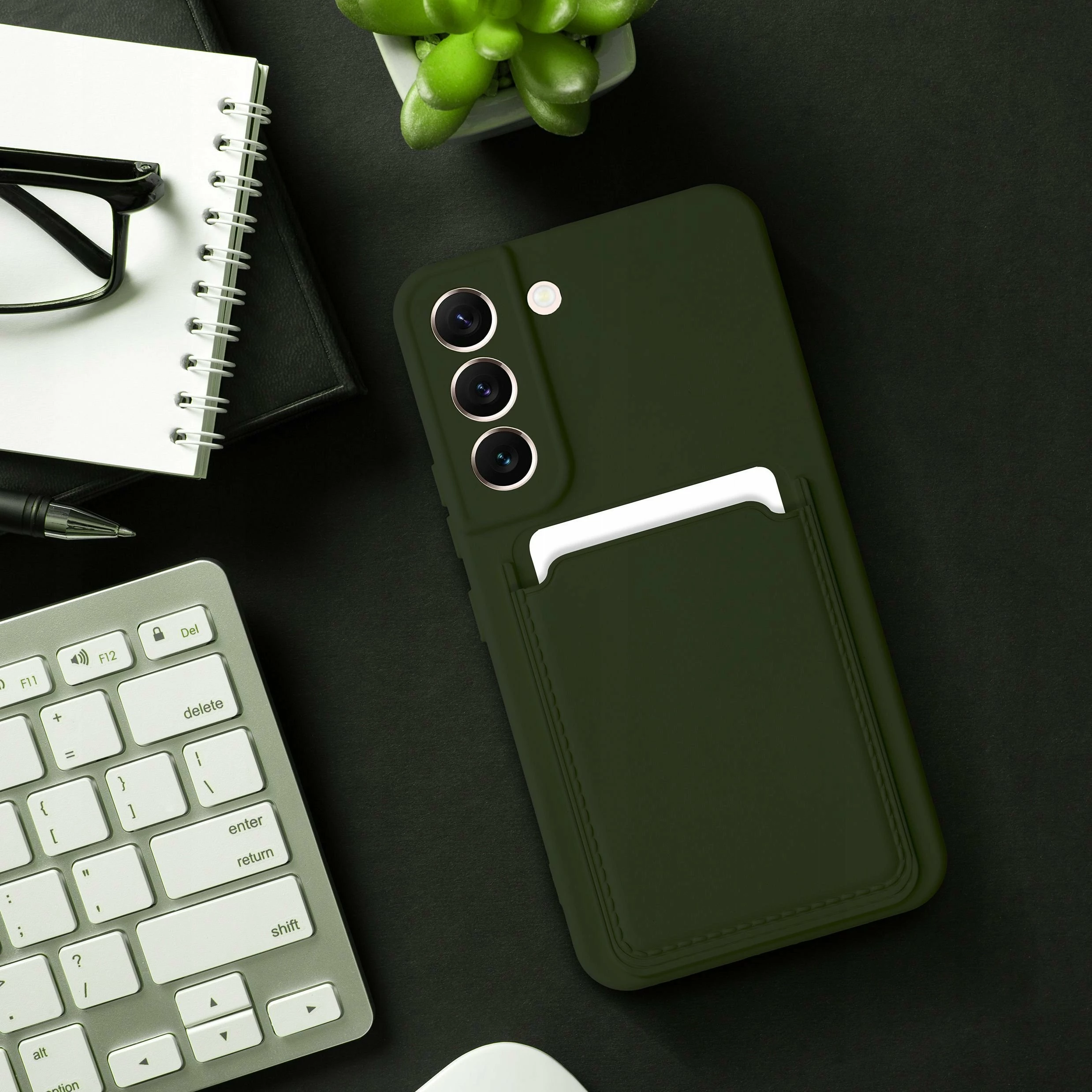 Mbështjellës OEM Forcell Card Case për Samsung Galaxy A14 5G / A14 4G, silikon, me xhep karte, mbrojtje kamere, me xham të kalitur H9 9H, set 2-në-1, e gjelbër