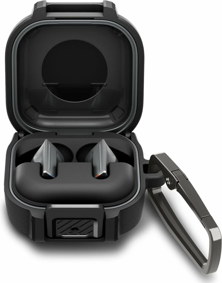 Mbështjellës i blinduar me kyçje Spigen Lock Fit për Samsung Galaxy Buds 4 / Buds 4 Pro, set me karabiner, Matte Black
