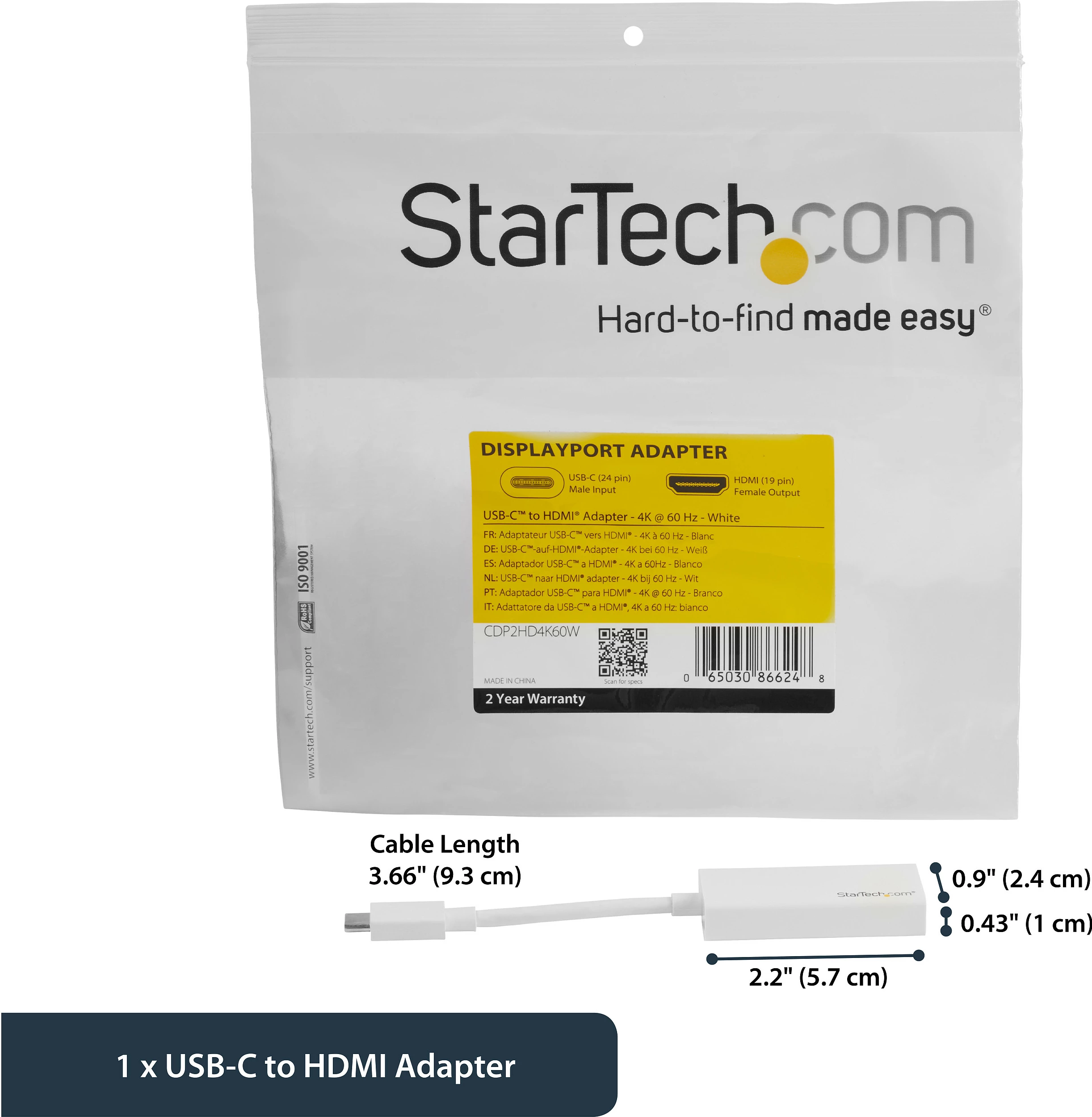Adapter USB-C në HDMI StarTech CDP2HD4K60W, 4K 60Hz, i bardhë