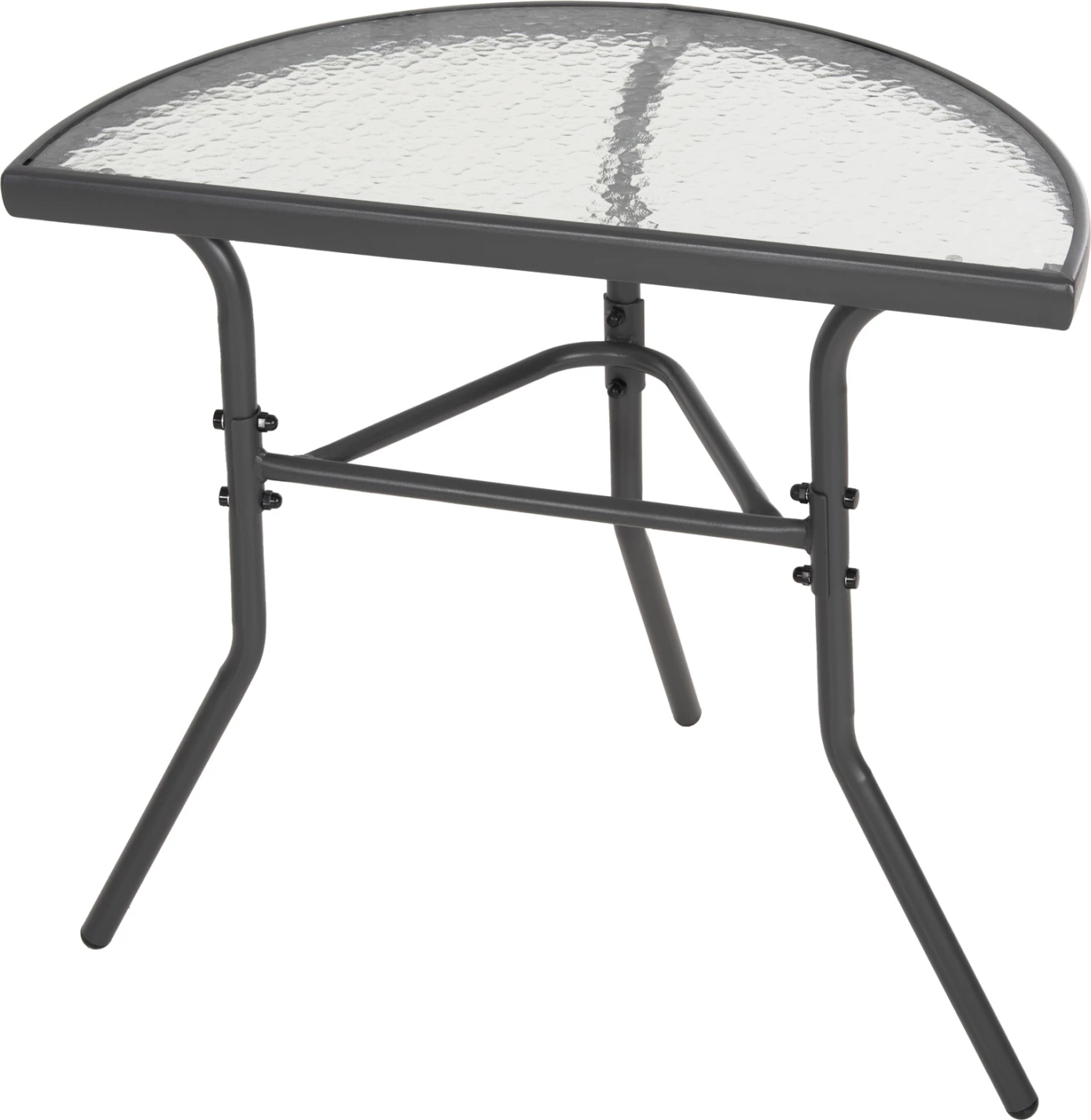 Tavolinë gjysmë rrethore LIMA FH5967.01 metalike, ngjyrë gri, me sipërfaqe xhami 70x40x64.5H cm