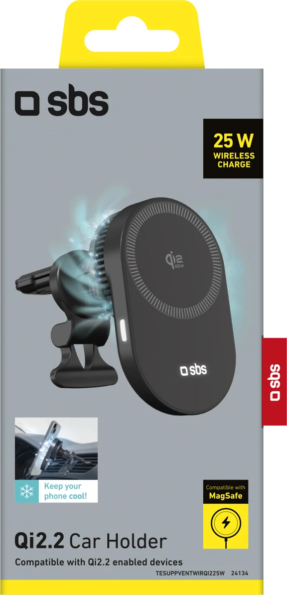 Mbajtës magnetik për veturë me karikues wireless Qi2 25W, SBS, Magnetic Qi2 25W, ftohje aktive, montim te grilat e ajrit, USB‑C, i zi