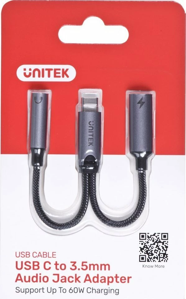 Adapter Unitek M205A USB-C në Jack 3.5mm + USB-C, PD 60W, argjendtë