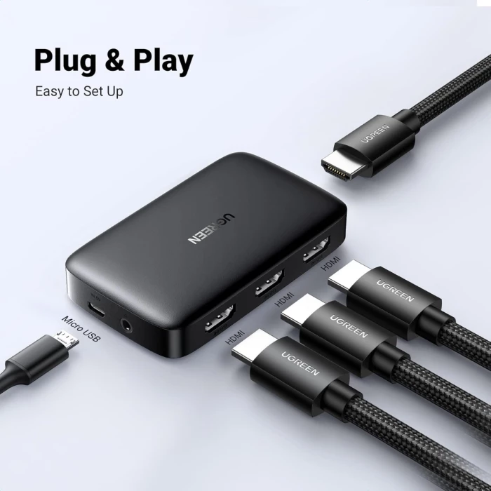 Switch HDMI UGREEN 80125 3x1 4K@30Hz i zi (me telekomandë)