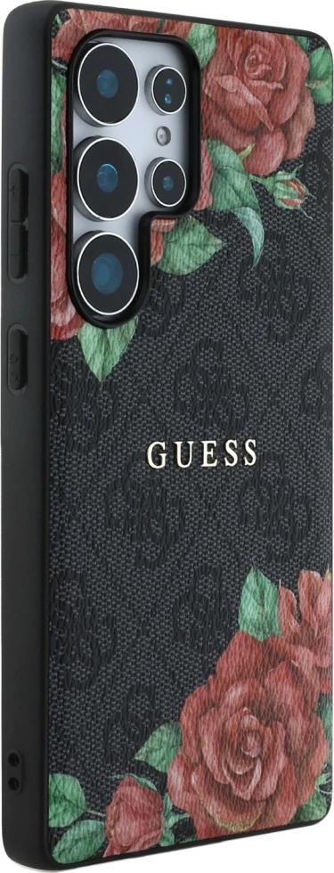 Mbështjellës Guess Leather 4G Flowers Print Metal Classic Logo MagSafe për Samsung Galaxy S25 Ultra, Zi
