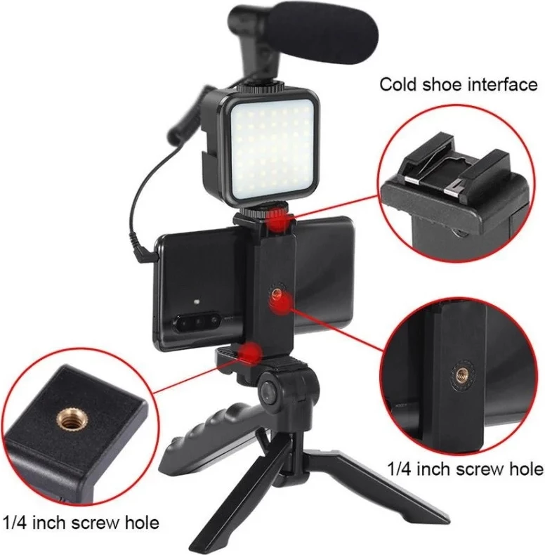 Set Krijuesi Video Selfie Stick me Tripod, Dritë LED, Mikrofon dhe Telekomandë