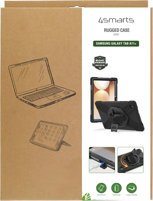 Mbështjellës Rugged 4smarts Grip për Samsung Galaxy Tab A11+, 11", me stand dhe rrip dore, i zi