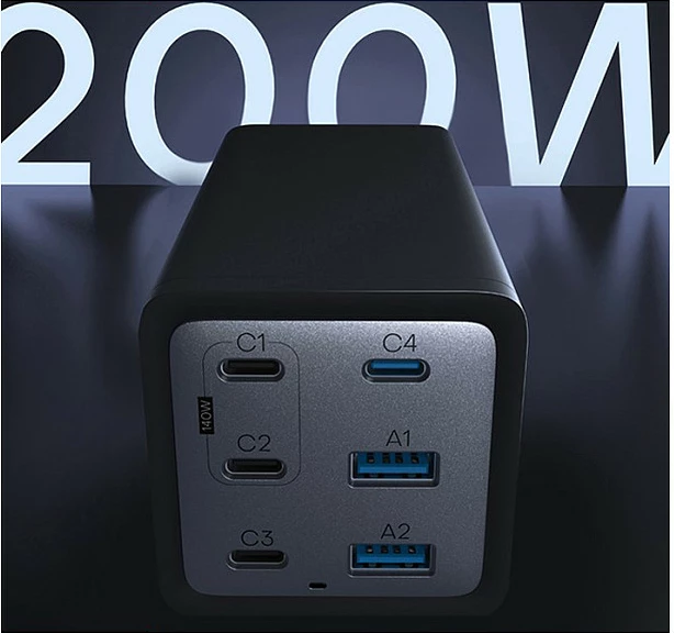 Karikues USB Conceptronic 6-Port 200W GaN PD 3.1, 4x USB-C 2x USB-A, me kabllo USB-C në USB-C, i zi