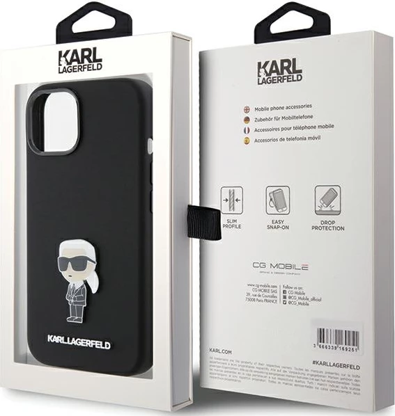 Mbështjellës Karl Lagerfeld Silicone Ikonik Metal Pin për iPhone 15 Plus / 14 Plus 6.7", i zi, me kuti
