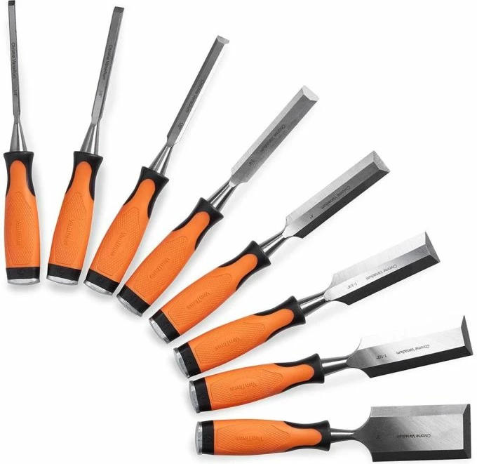 Set daltash për dru VonHaus 3515085, çelik krom-vanadium, me kapak goditjeje metalik, me udhëzues mprehjeje dhe gur mprehës, portokalli/zezë, set 10 copë