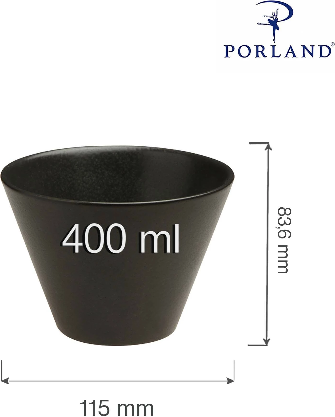 Tas konik Porland Seasons Coal 400 ml, Ø115 mm, i zi, set 6 copë