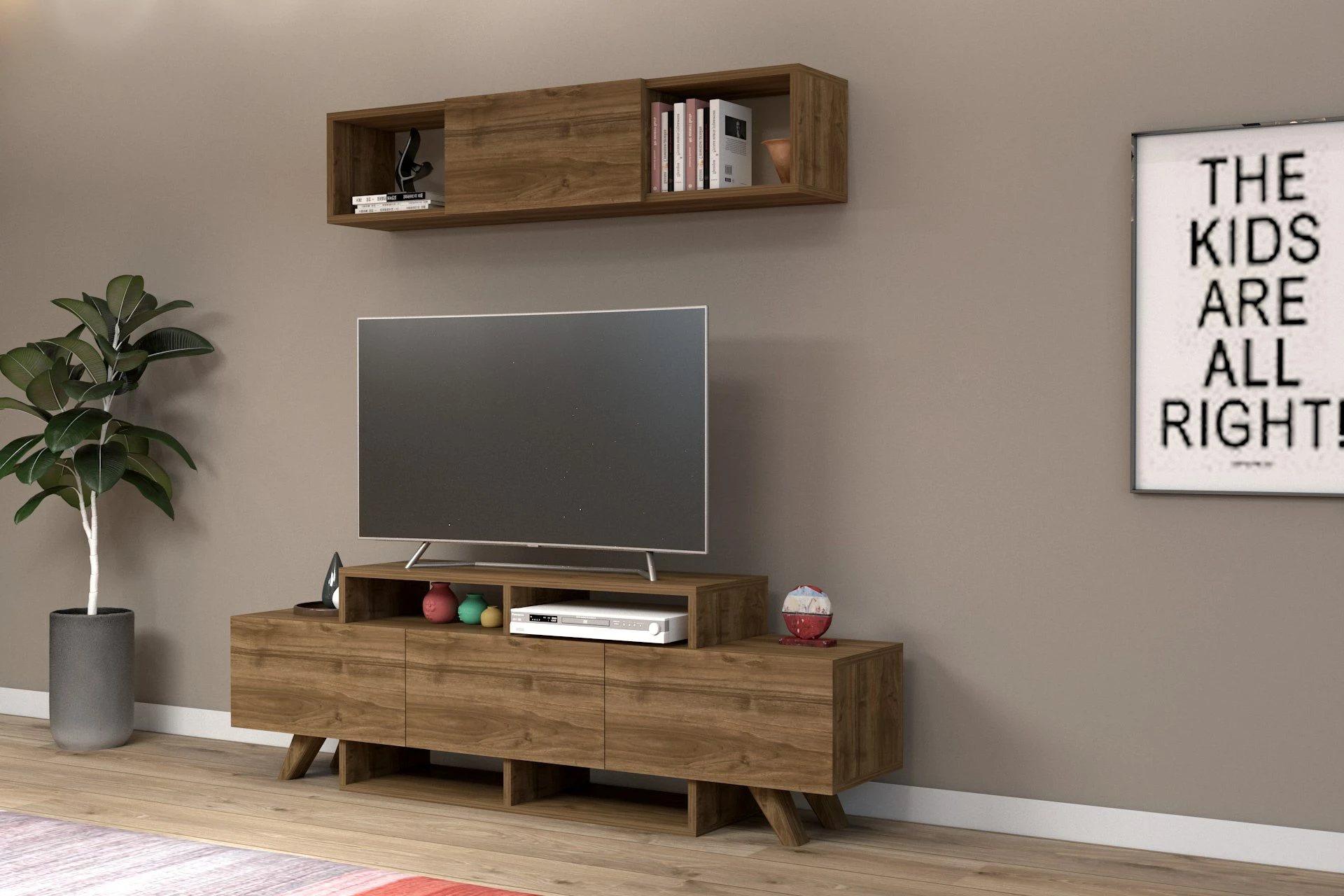 Komodë TV Hanah Home, Alwin, ngjyrë arre, me rafte