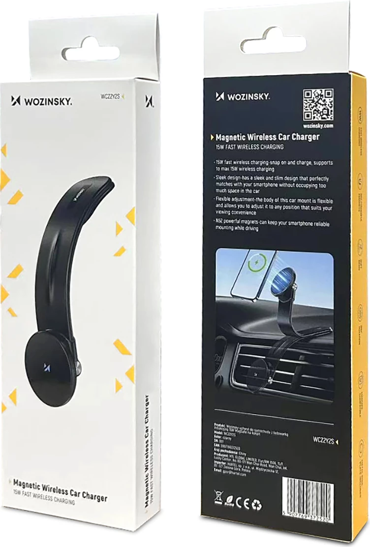 Mbajtës magnetik për makinë Wozinsky WCZ2Y2S me karikues wireless MagSafe 15W, i zi