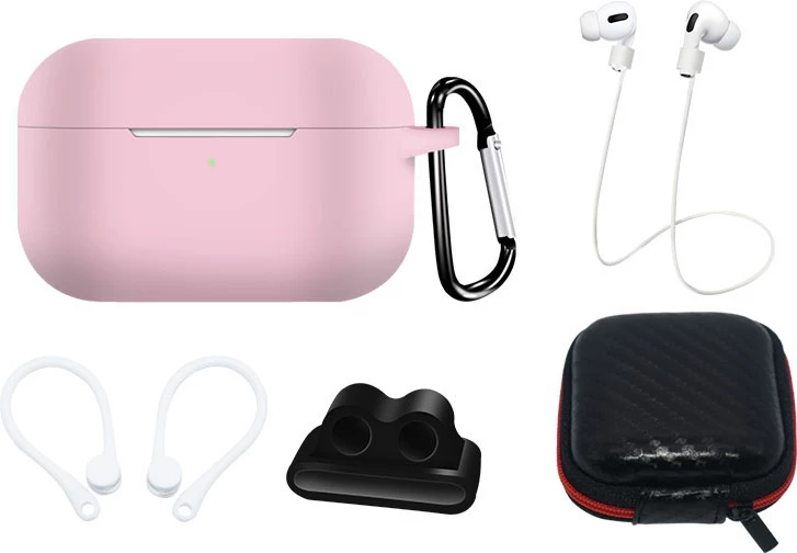 Set mbështjellës silikoni për AirPods Pro 2/1 Hurtel, me karabiner, rrip qafe, mbajtës për orë, rozë