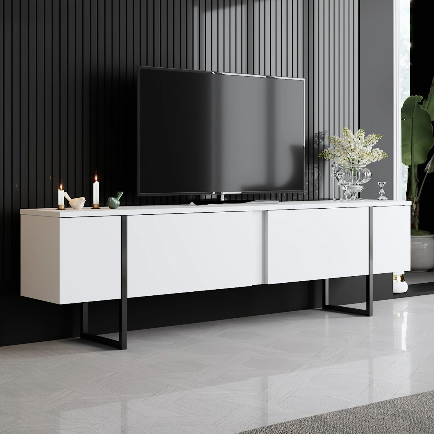 Komodë TV Skye Decor, ngjyrë e bardhë dhe e zezë, Luxe