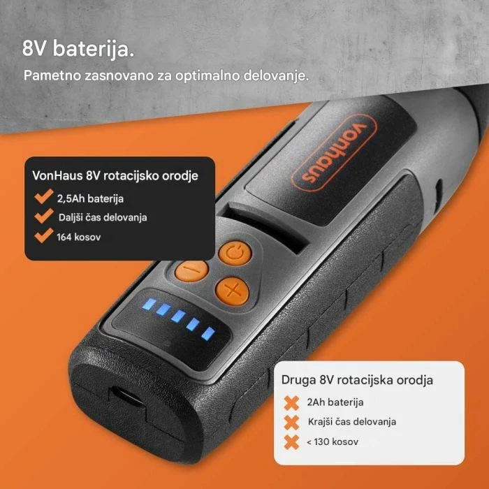 Vegël rrotulluese me bateri VONHAUS 3500392, 8V 2.5Ah, 5,000–25,000 RPM, me kasë dhe set aksesorësh, zi/portokalli