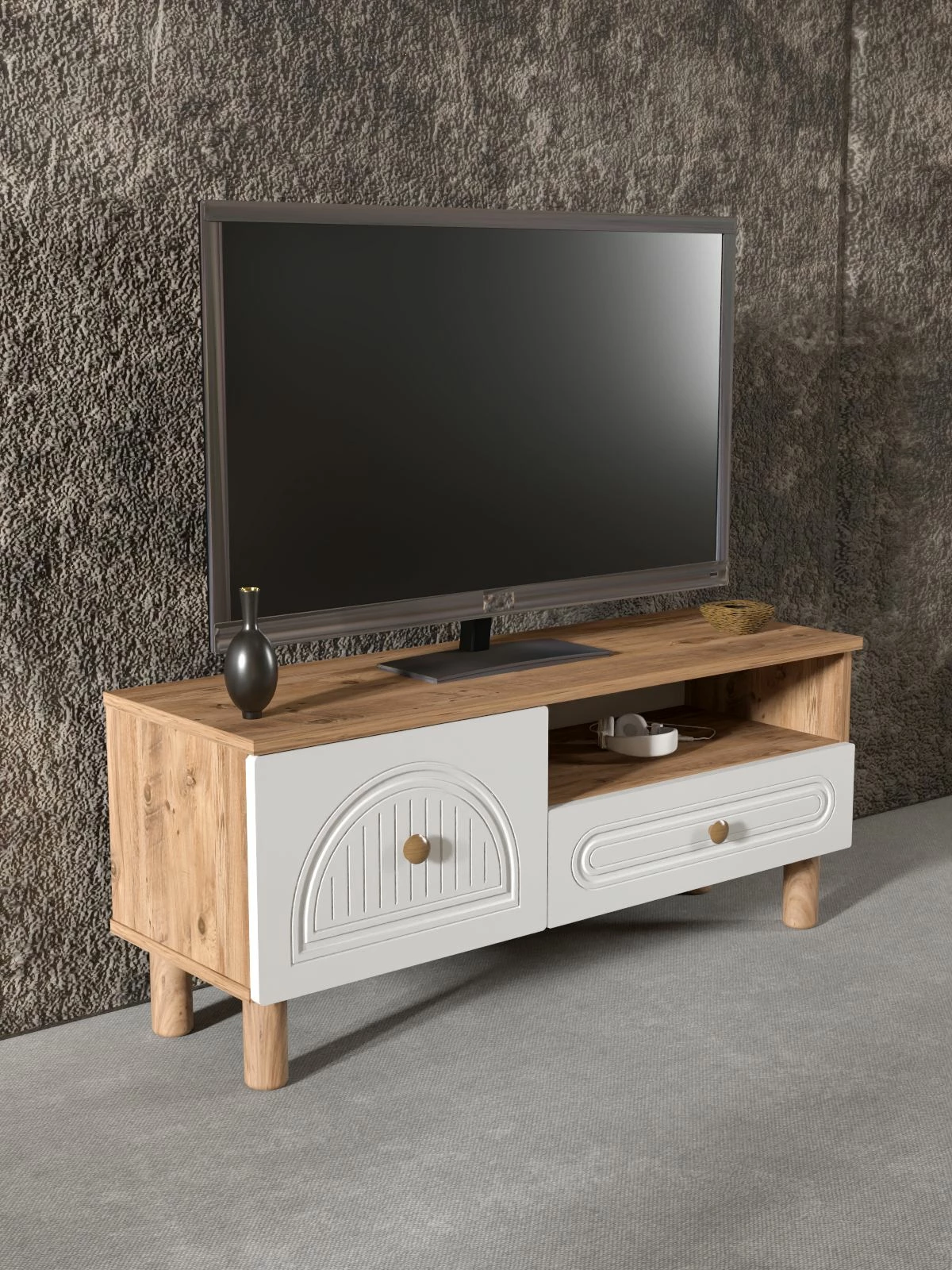 Komodë TV Skye Decor, Arcera 105, ngjyrë pishë Atlantike dhe e bardhë