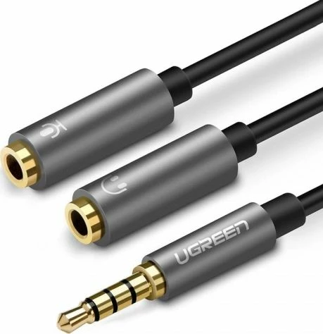 Kabllo splitter audio Ugreen AV141 (30619) 3.5mm Jack 1x mashkull në 2x femër (kufje + mikrofon) 0.2m, zezë/gri