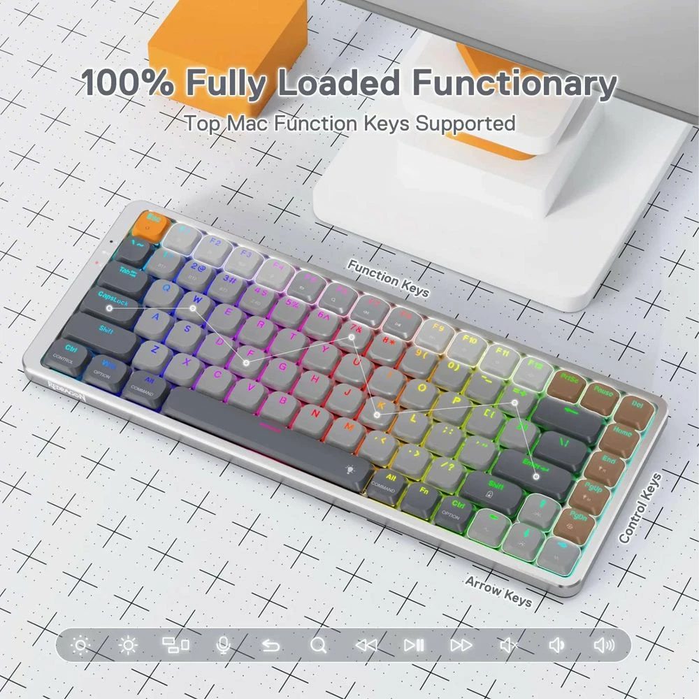 Tastierë mekanike wireless Redragon Azure K652GG RGB Pro K652GG, 75% (84 taste), low-profile, red switch, RGB, tri-mode Bluetooth/2.4GHz/USB, gri e errët