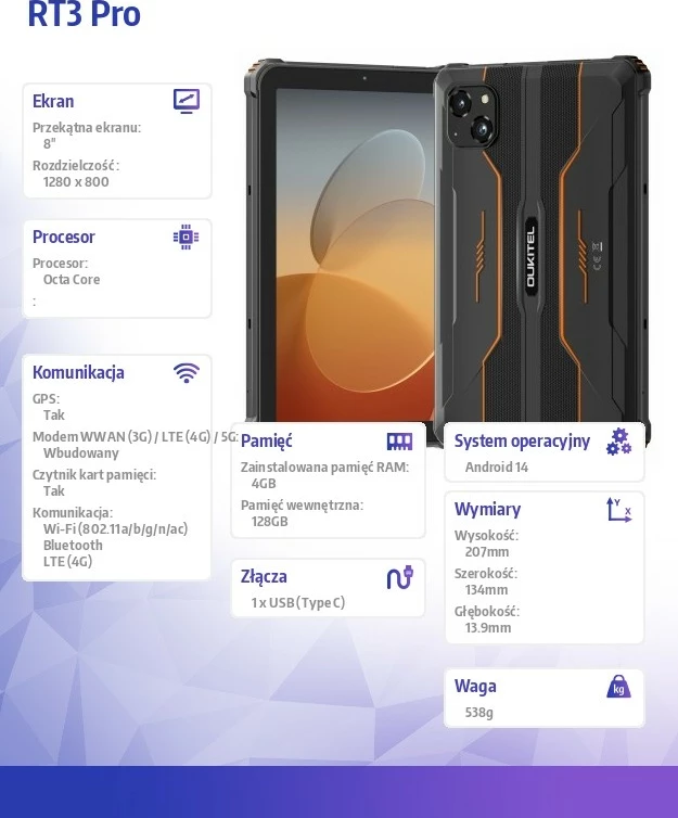 Tablet OUKITEL RT3 Pro 8", 4 GB RAM, 128 GB, 4G, portokalli