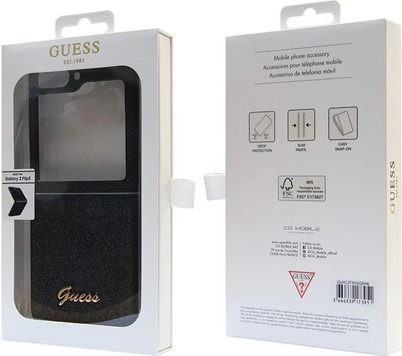 Mbështjellës Guess Glitter Script për Samsung Galaxy Z Flip 5, i zi