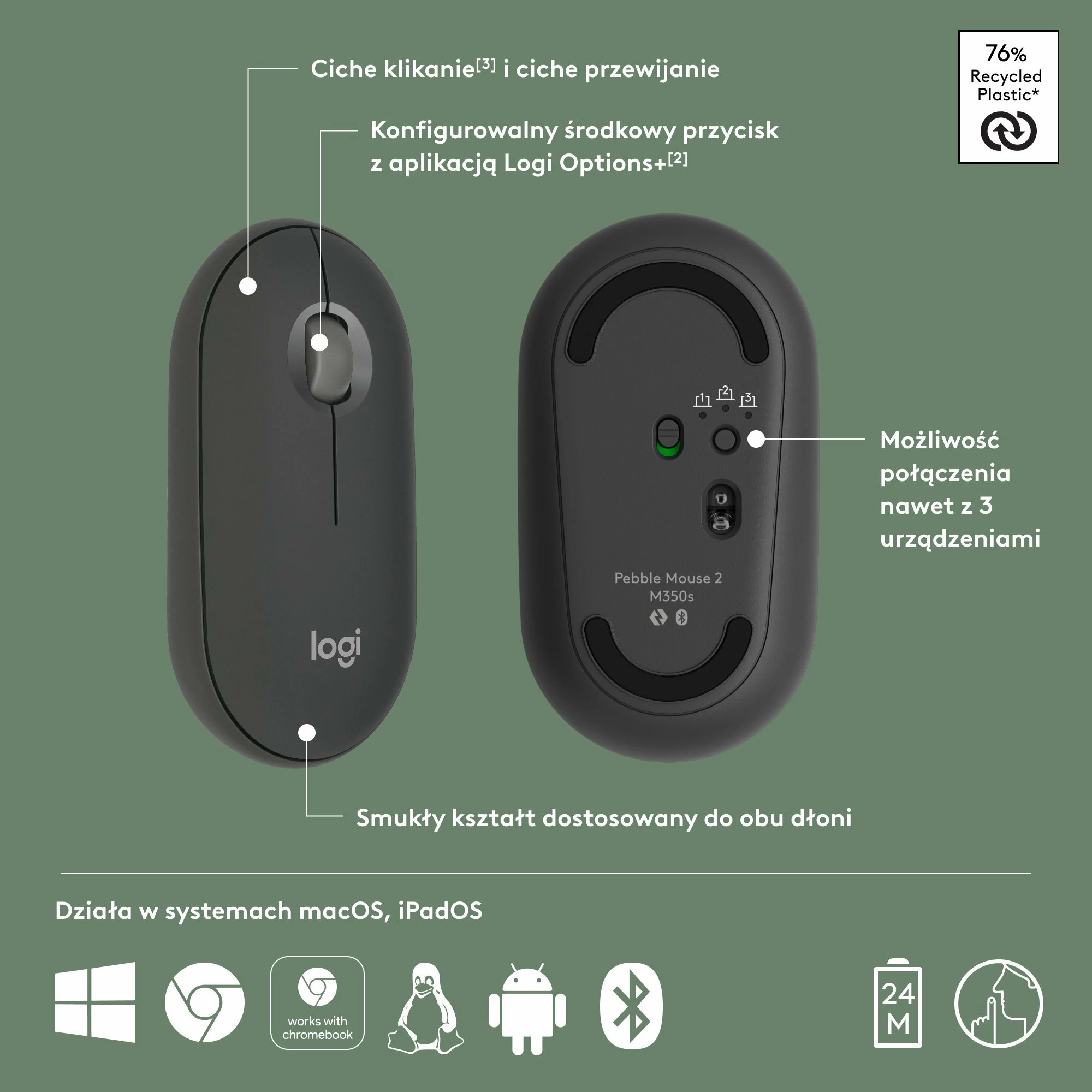 Maus Logitech Pebble Mouse 2 M350s 910-007015 Bluetooth 4000 DPI, Graphite
