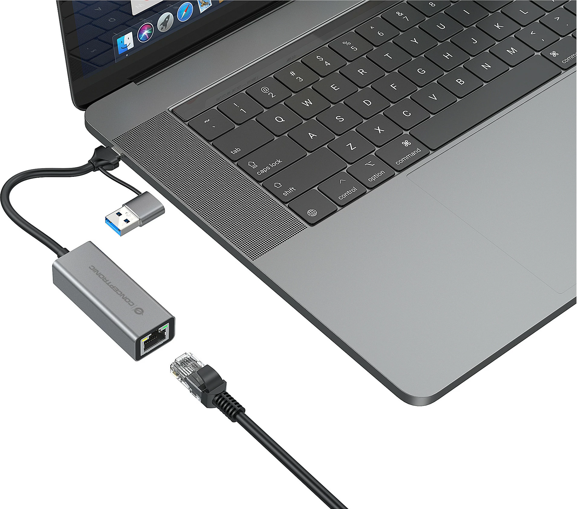 Adapter rrjeti USB Conceptronic ABBY08G, USB-A/USB-C në Gigabit Ethernet, USB 3.2 Gen 1, Wake-on-LAN, gri