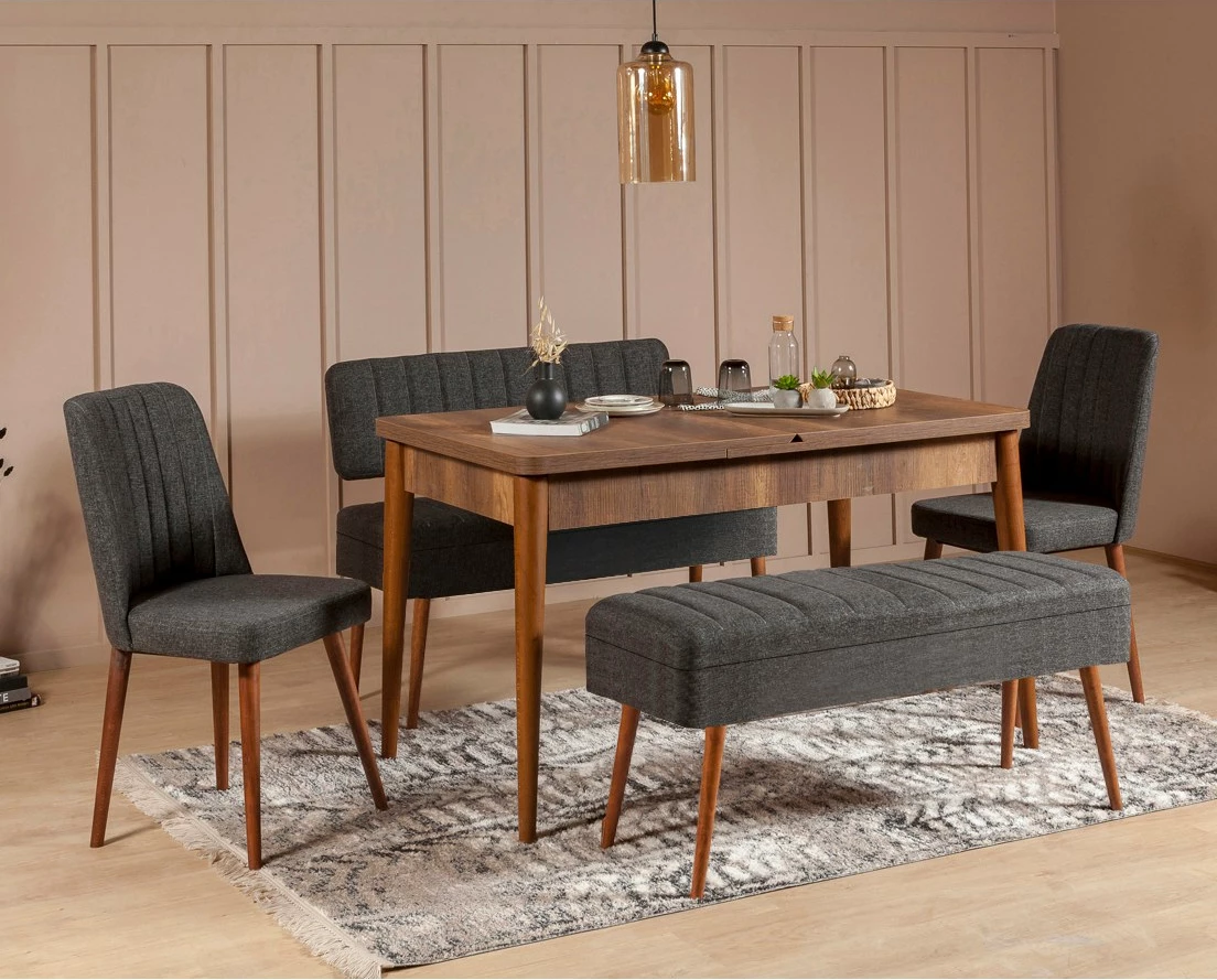 Tavolinë me karrige, set 5 pjesësh, zgjatshme, Hanah Home Vina 1053-4, antracit, arre
