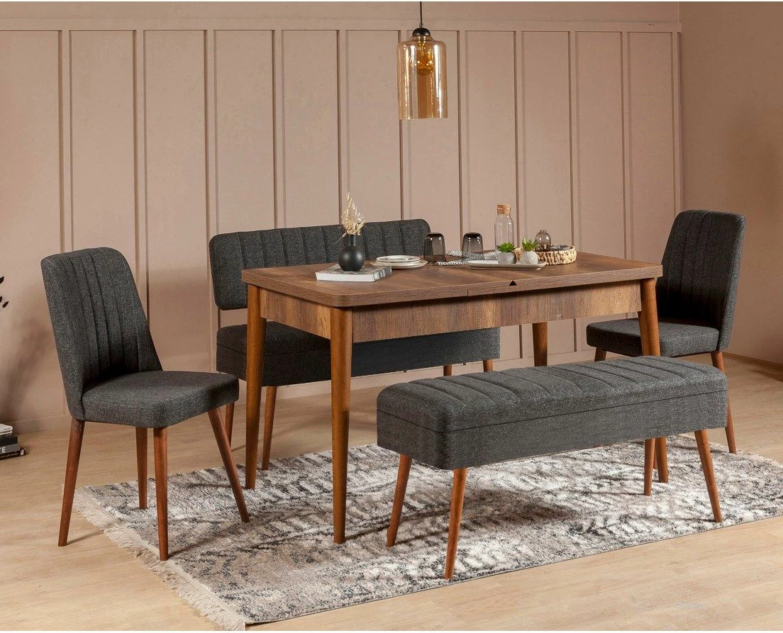 Tavolinë me karrige, set 5 pjesësh, zgjatshme, Hanah Home Vina 1053-4, antracit, arre
