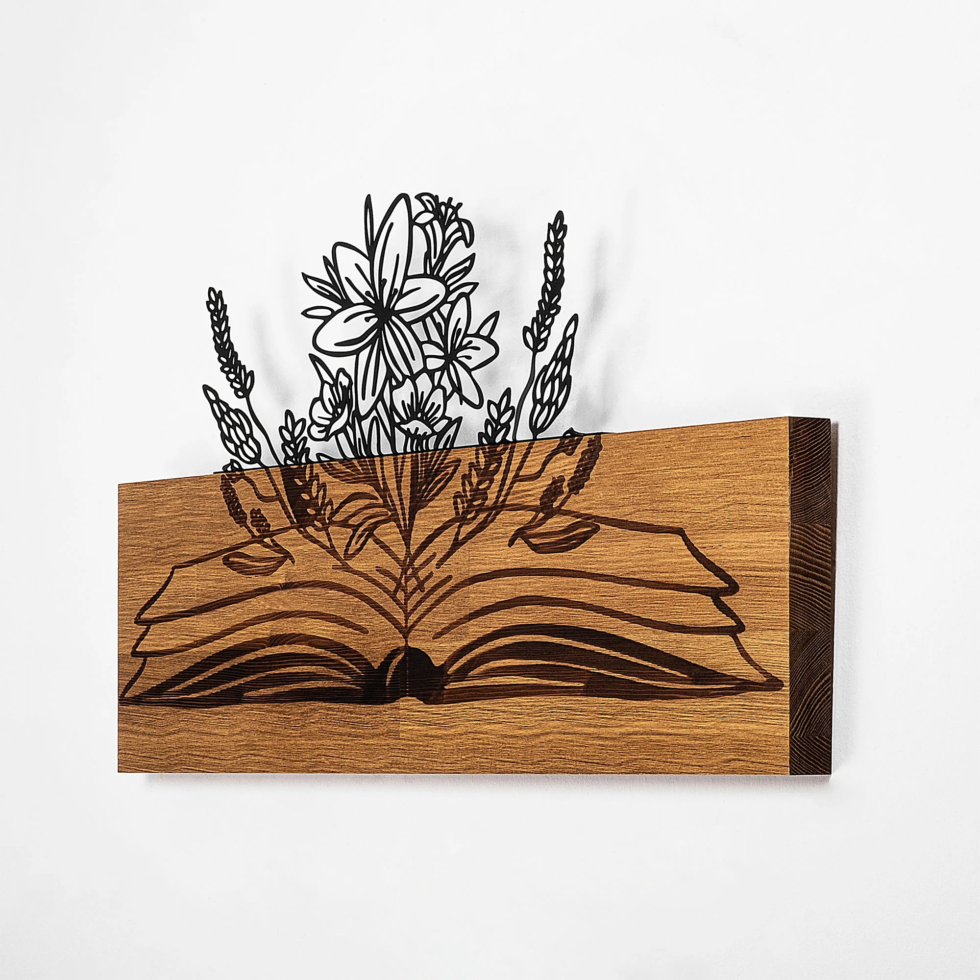 Aksesor dekorativ për mur, dru dhe metal, lule nga libër, ngjyrë arre dhe e zezë, 33x58cm