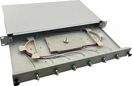 Spleissbox fibër optike Helos LWL 19" 1U, 6x LC/APC Duplex OS2, gri