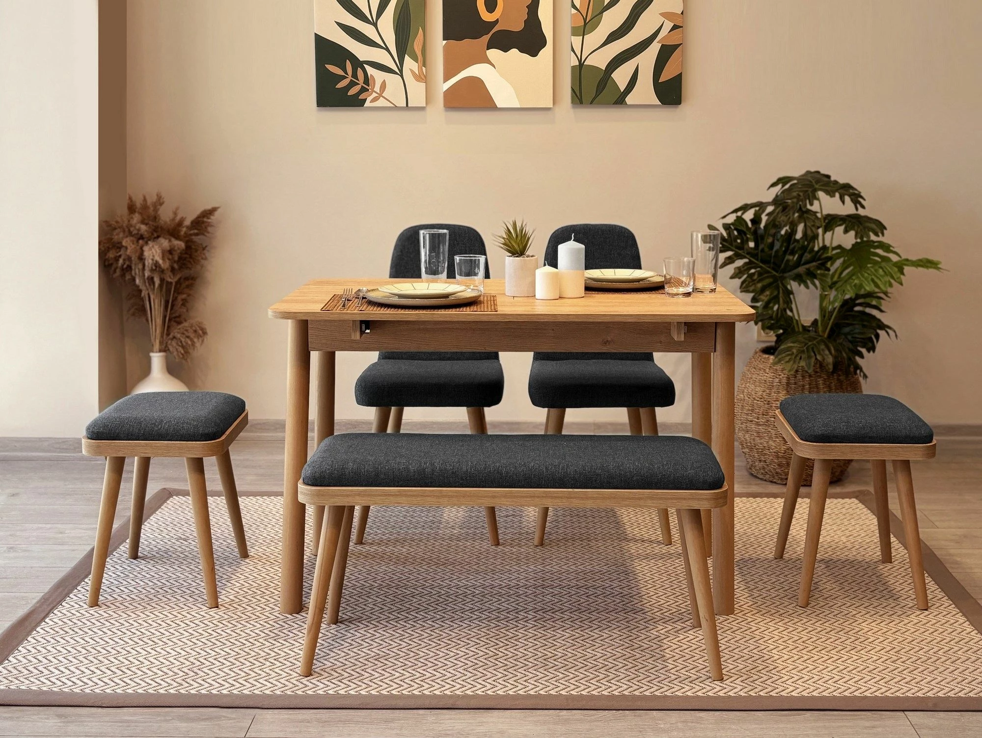 Tavolinë me karrige, set 6 pjesësh, ngjyrë lis dhe antracit, Vina Mini 03 1053