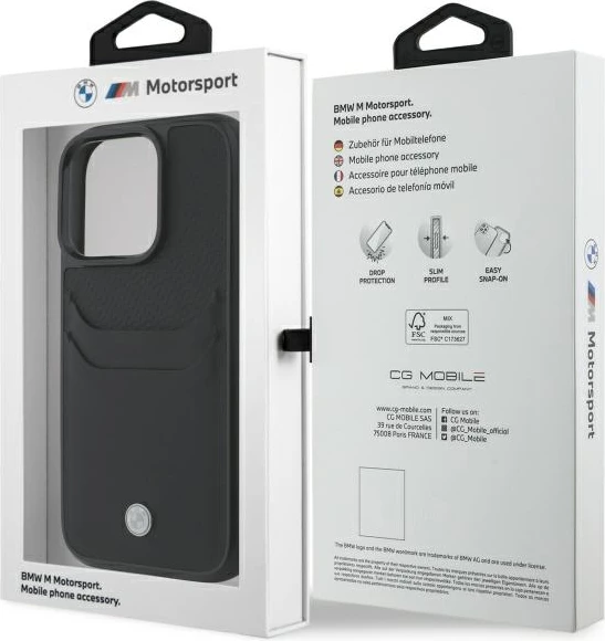 Mbështjellës BMW Sign prej lëkure për iPhone 16 Pro Max, i zi