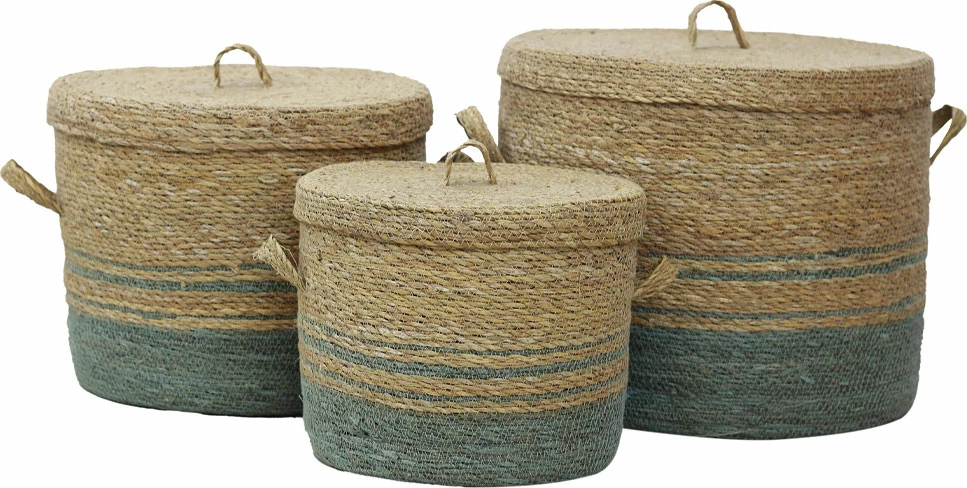 Set shporta me kapak, 3 copë, seagrass, natyrale-mente, 38x38x30cm