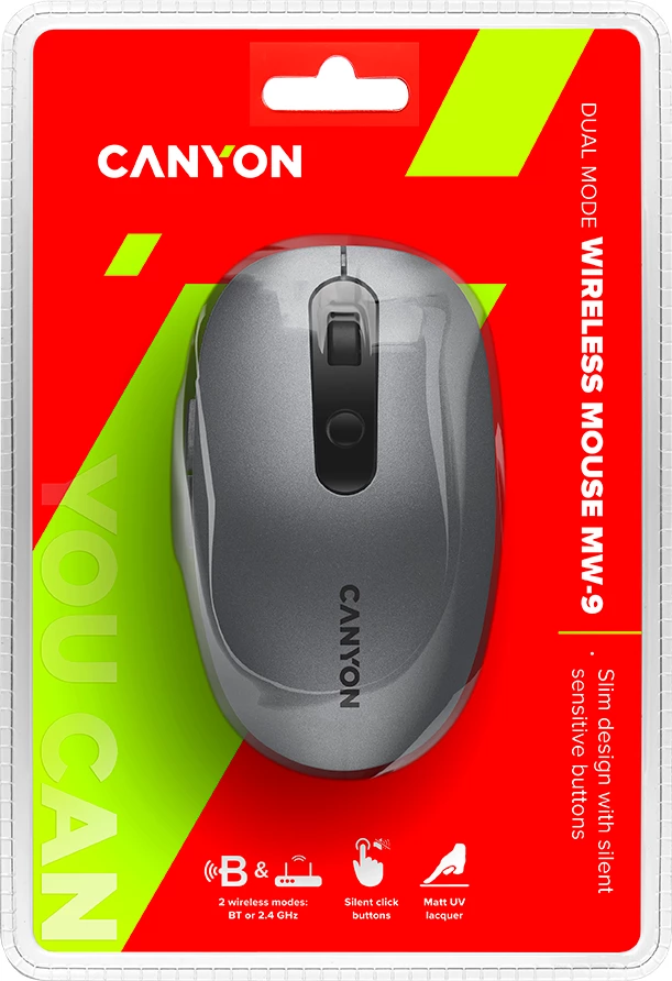 Maus CANYON MW-9 wireless dual-mode (Bluetooth/2.4GHz), 6 butona, DPI 800/1000/1200/1600, me receiver + 1x AA, Gri