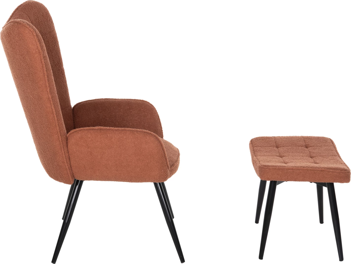 Karrige me mbështetëse këmbësh CRAWLEY FH8918.22, pëlhurë boucle portokalli, këmbë metali të zeza, 70x74x105H cm