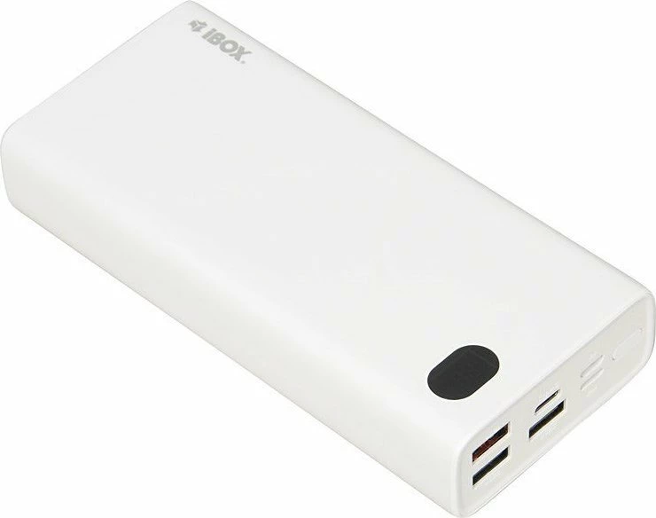 Powerbank iBOX PB20 20000mAh, 22.5W, QC 3.0/PD, me display, 2x USB-A + 1x USB-C, i bardhë, me kabllo USB-C