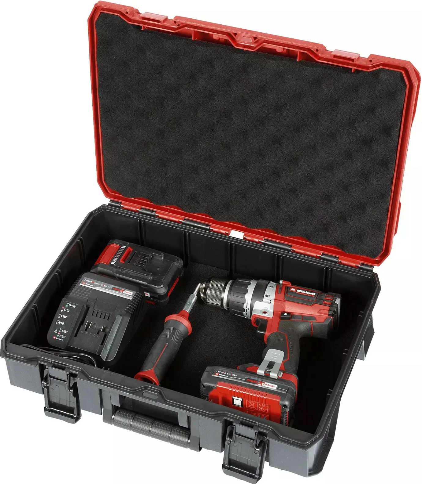 Bormashinë me bateri Einhell TP-CD 18/70 Li-i BL, 18V, 2x2Ah, 70Nm, e zezë/kuqe