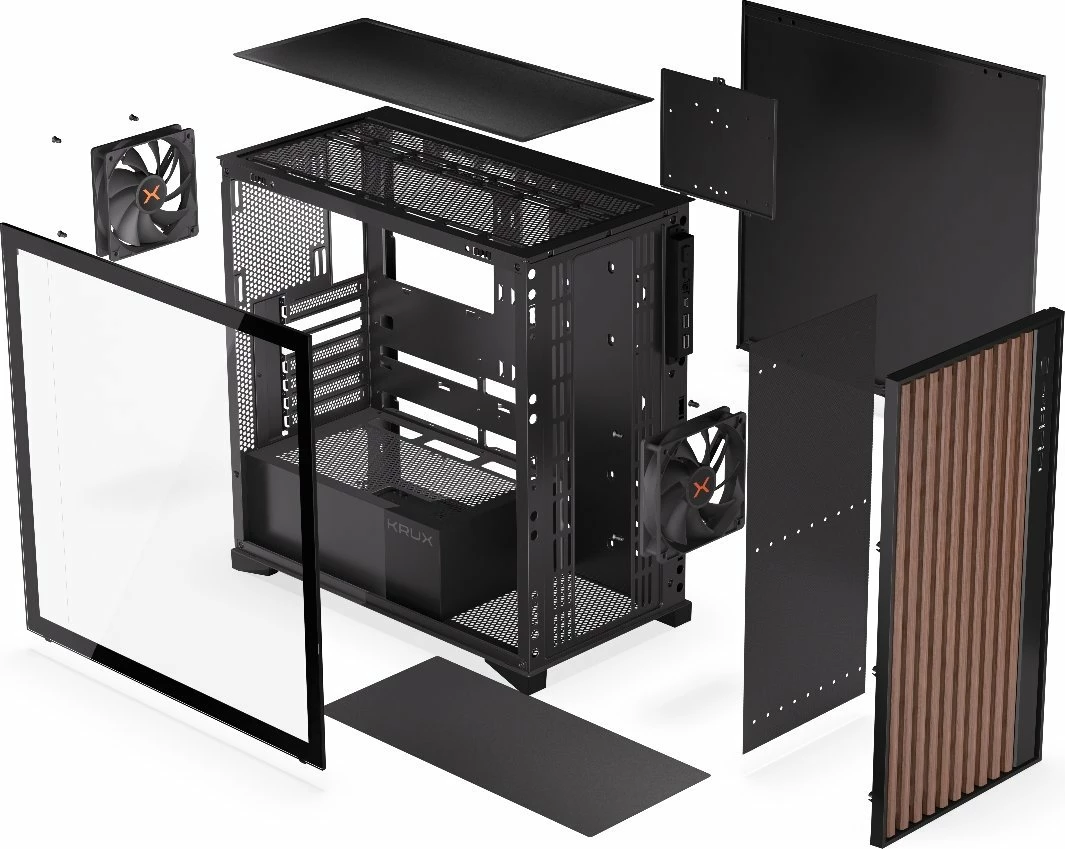Kasë Krux Palum KRXD008 Midi Tower ATX/Micro-ATX/Mini-ITX, USB-C, 2x120mm fans, pa PSU, zezë/kafe