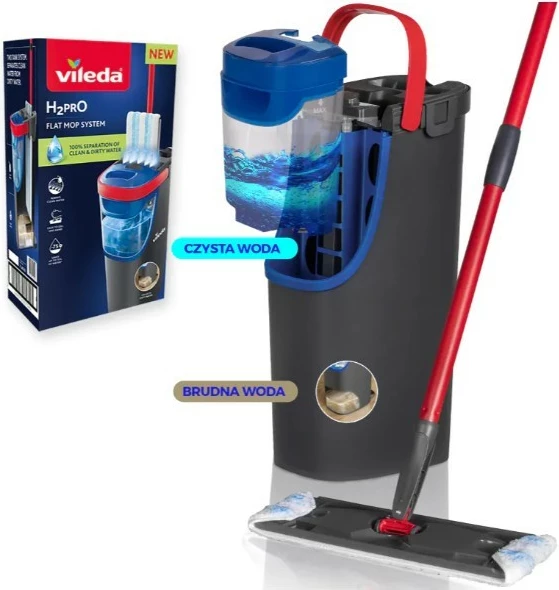 Mop i sheshtë, Vileda H2prO 175774, sistem ndarje uji, kokë 360°, dorezë 130 cm, e zezë/e kuqe