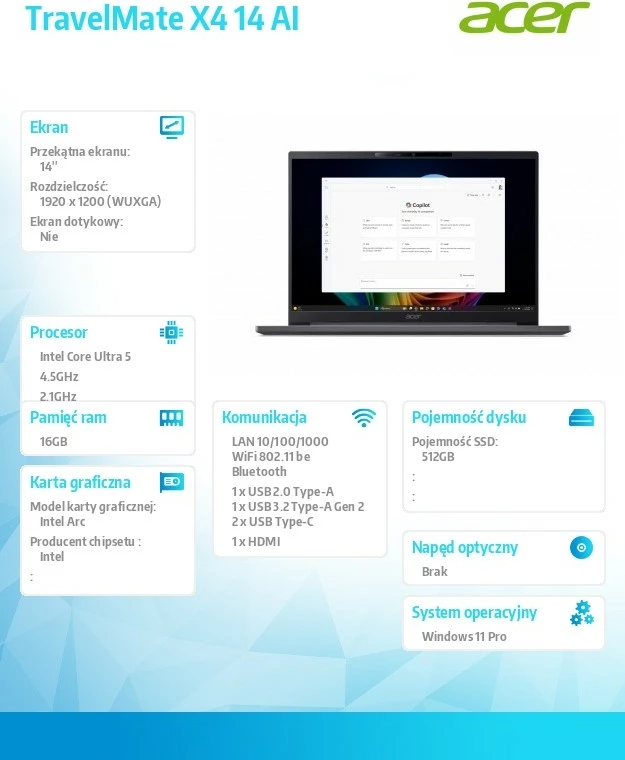 Laptop Acer TravelMate X4 14 AI TMX414-51-TCO, Core Ultra 5 226V, 16GB/512GB, Windows 11 Pro, gri