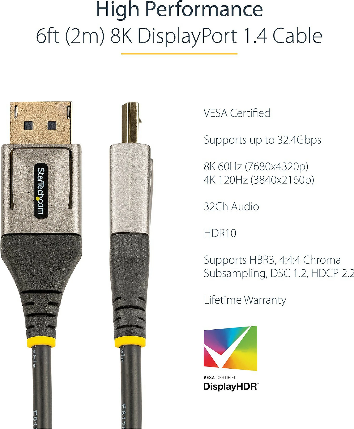 Kabllo DisplayPort StarTech DP14VMM2M, DP 1.4, 2m, 8K@60Hz HDR10
