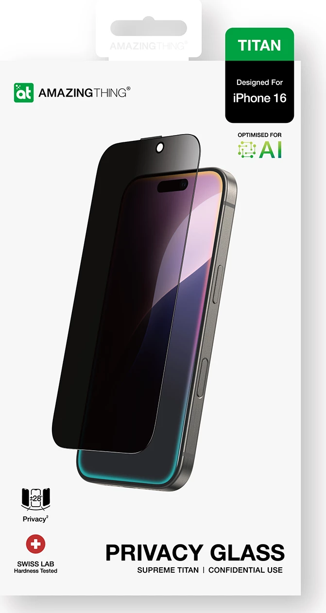 qelq i temperuar privatësie, AmazingThing, Titan Privacy Glass për iPhone 16, 330µm, 9H, kënd shikimi ±28°, i errësuar