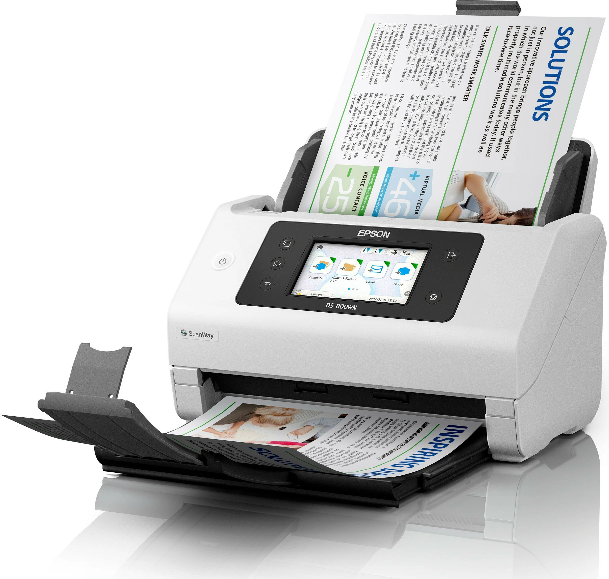 Skaner Epson WorkForce DS-800WN, A4/A3, Wi‑Fi/Ethernet, ADF 100 fletë, 50 ppm / 100 ipm, touchscreen, bardhë